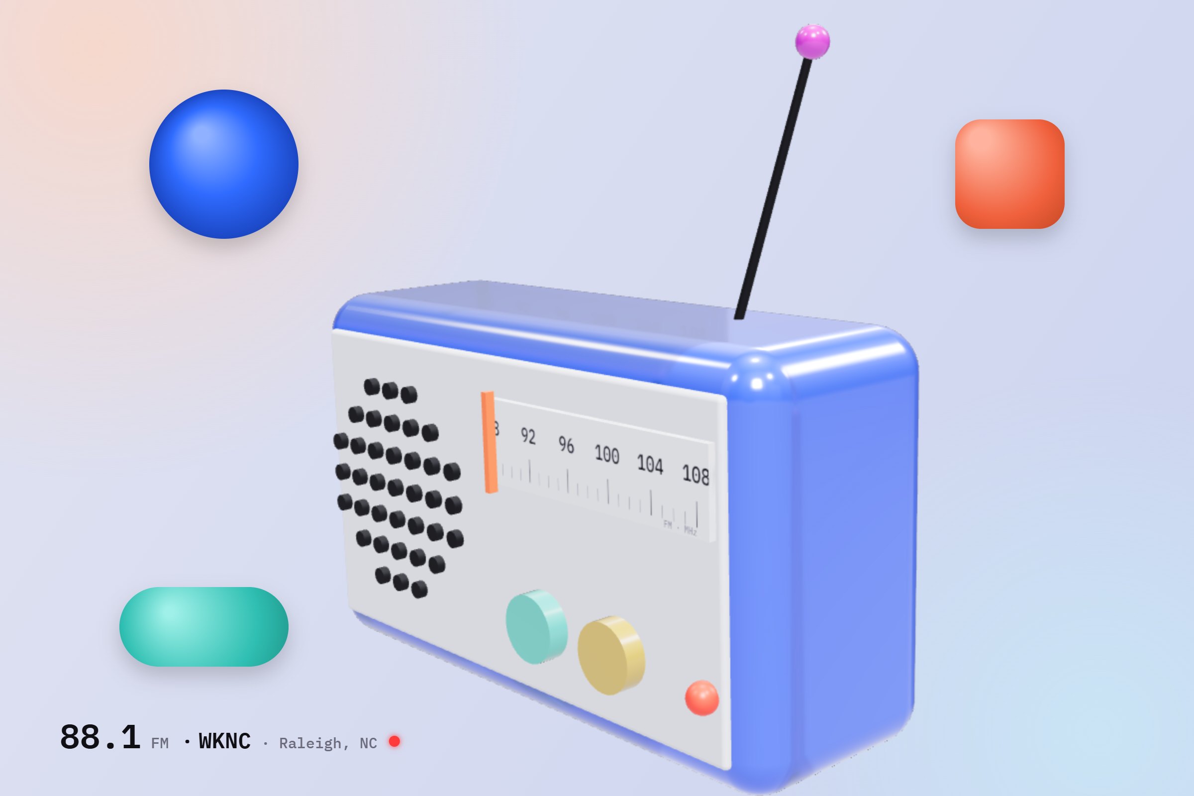 The Rotation radio, tuned to a real station, floating among glass shapes